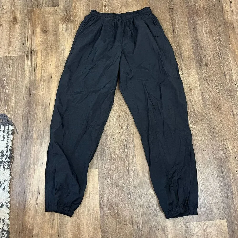 Vtg 90's Nike Trackpants Swoosh Black Joggers Men's L Zip Ankle Nylon